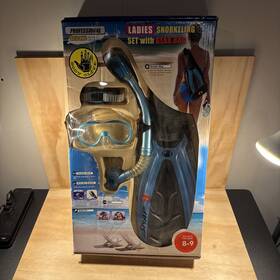 Body Glove 630675694916 Snorkel Set Fins Ladies 8-9 Fun Size Blue Cinch Bag Goggles Read