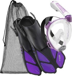 P-se724112 Cressi Ve Adult Snorkeling Full-face Mask And Fins Kit Wide Clear View M/xl Lilac