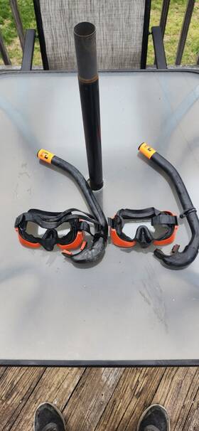 3844281 Farallon Vintage 1970s Piuma Snorkel And Mask Set Black Orange Snorkeling Gear