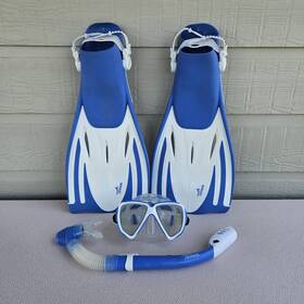 89076905 Speedo Dive Adult Snorkel Mask Fin Set Blue White Men L/xl 9-13 Shoe Flippers
