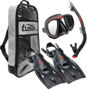 Up-1521qw-w-s Tusa Sport Adult Powerview Mask Dry Snorkel Fins Travel Set Medium Black/red