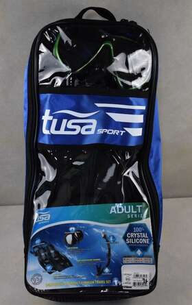 Up-2521 Tusa Sport Adult Mask Dry Snorkel And Fins Travel Set Size Large 7-12 Green
