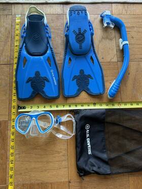Sr386100166 U.s. Divers Kids Mask Snorkel And Fins Set With Mesh Bag Ages 4 - Blue/green