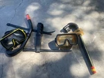Vintage Dacor Snorkeling Set Featuring Two Masks And Snorkel, Dive Knife, Nice. Fixed Price $65.00.
