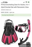 Piyazi 4-IN-1 Adult Snorkel Set Panoramic Mask Dry Top Fins Bag. Fixed Price $18.99.
