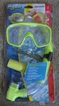 Aqua San Remo 4PC Green/yellow Dive Set:mask,snorkel,goggles,floating CASE,7+. Fixed Price $15.00.